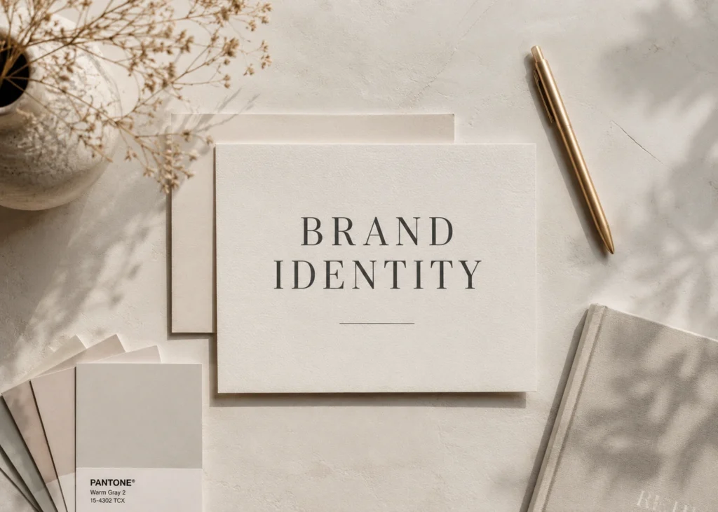 Minimal aesthetic brand identity flat lay with neutral color palette, elegant stationery and modern workspace styling in Ermionida greece.