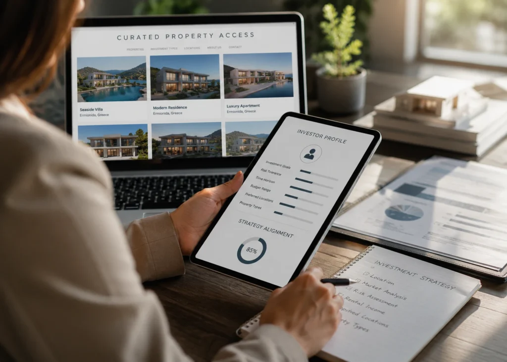 Professional real estate consultant reviewing curated property investment opportunities in Ermionida Greece using digital investor profiling and strategy tools.