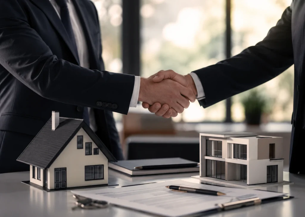 Real estate investment partnership agreement in Ermionida Greece with professionals shaking hands beside luxury property models.