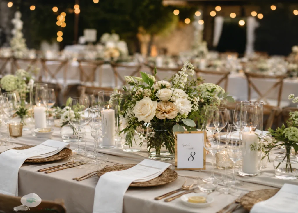 Elegant event planning table setup with floral centerpieces, candles and luxury dining decor at an evening reception.