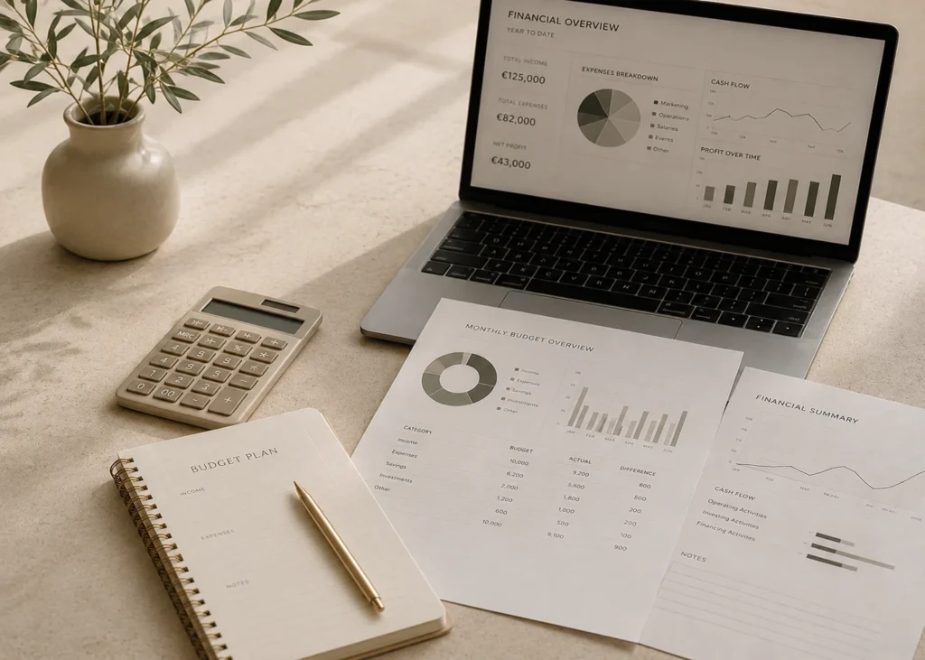 Minimal financial advisory workspace with laptop, budget planning reports, calculator and elegant neutral business aesthetic in ermionida greece
