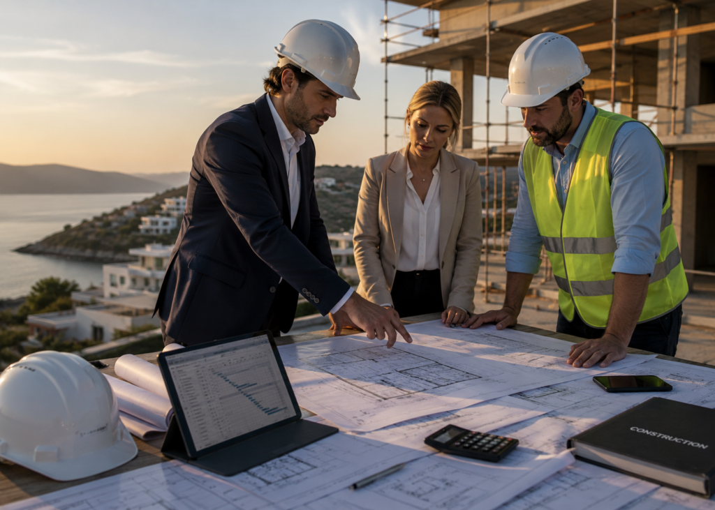 Construction and project management team reviewing architectural plans for a luxury real estate development project.