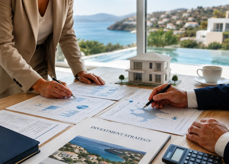 Real Estate investment strategy meeting in Ermionida Greece with professionals reviewing investor profiling documents and property development plans.