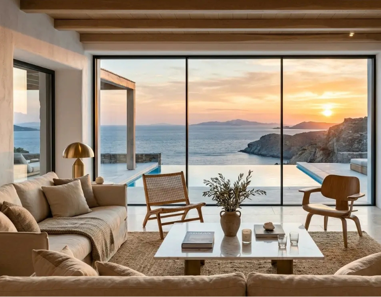Elegant coastal living room in a luxury Real Estate property in Ermionida Greece, featuring neutral-toned furniture, floor-to-ceiling windows, infinity pool, and ocean sunset view