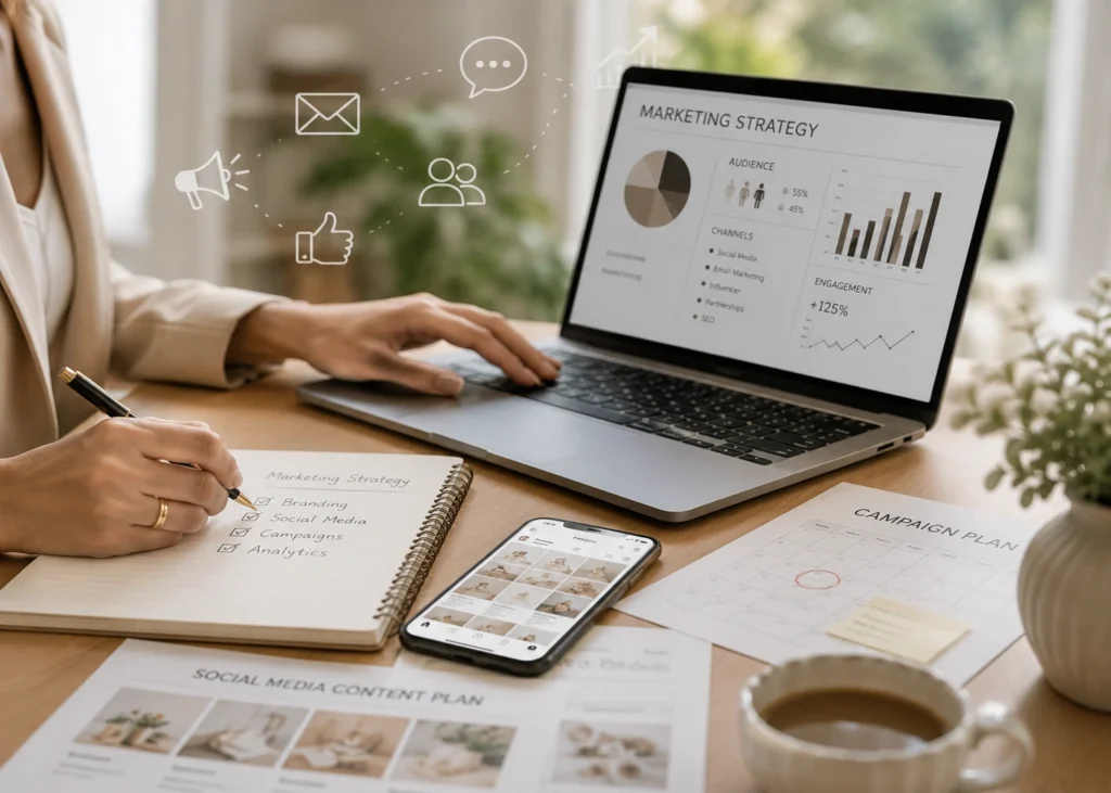 Modern marketing and promotion workspace with laptop analytics, social media planning and campaign strategy documents.