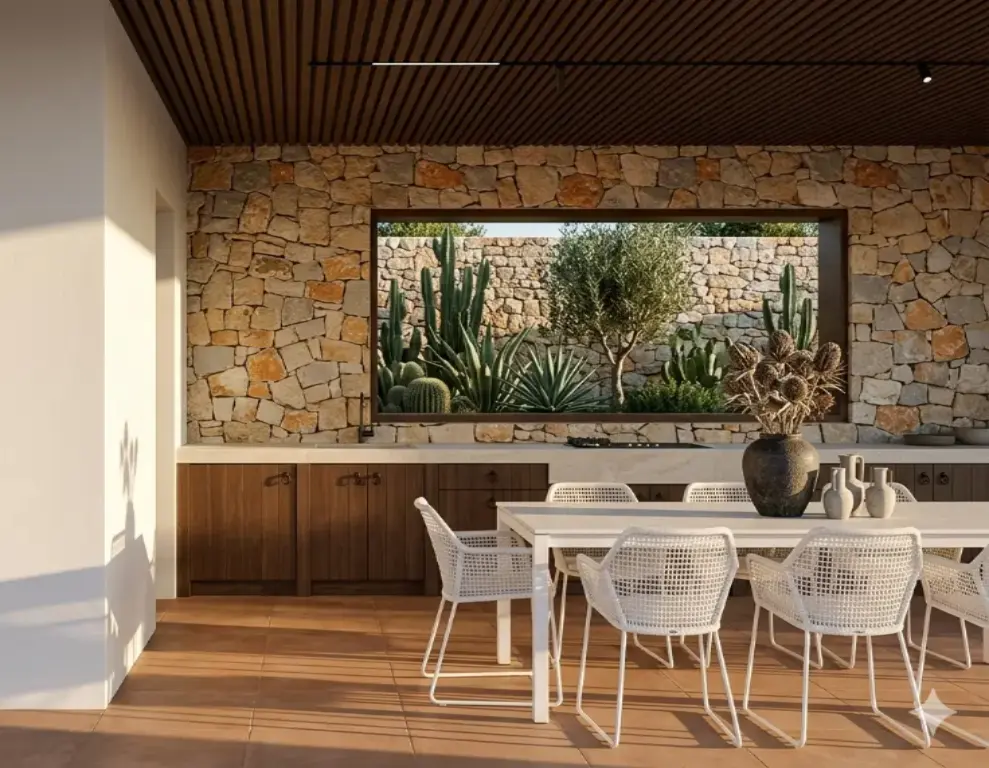 Modern outdoor dining area with stone wall design, wooden ceiling, white dining chairs, and desert garden view in a luxury Mediterranean-style patio.