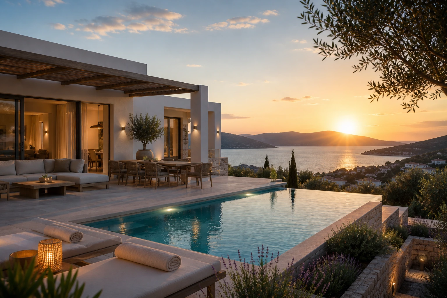 Private infinity pool villa at sunset in Ermionida — Luxury Concierge & Consulting Services in Ermionida with panoramic Argolic Gulf views.